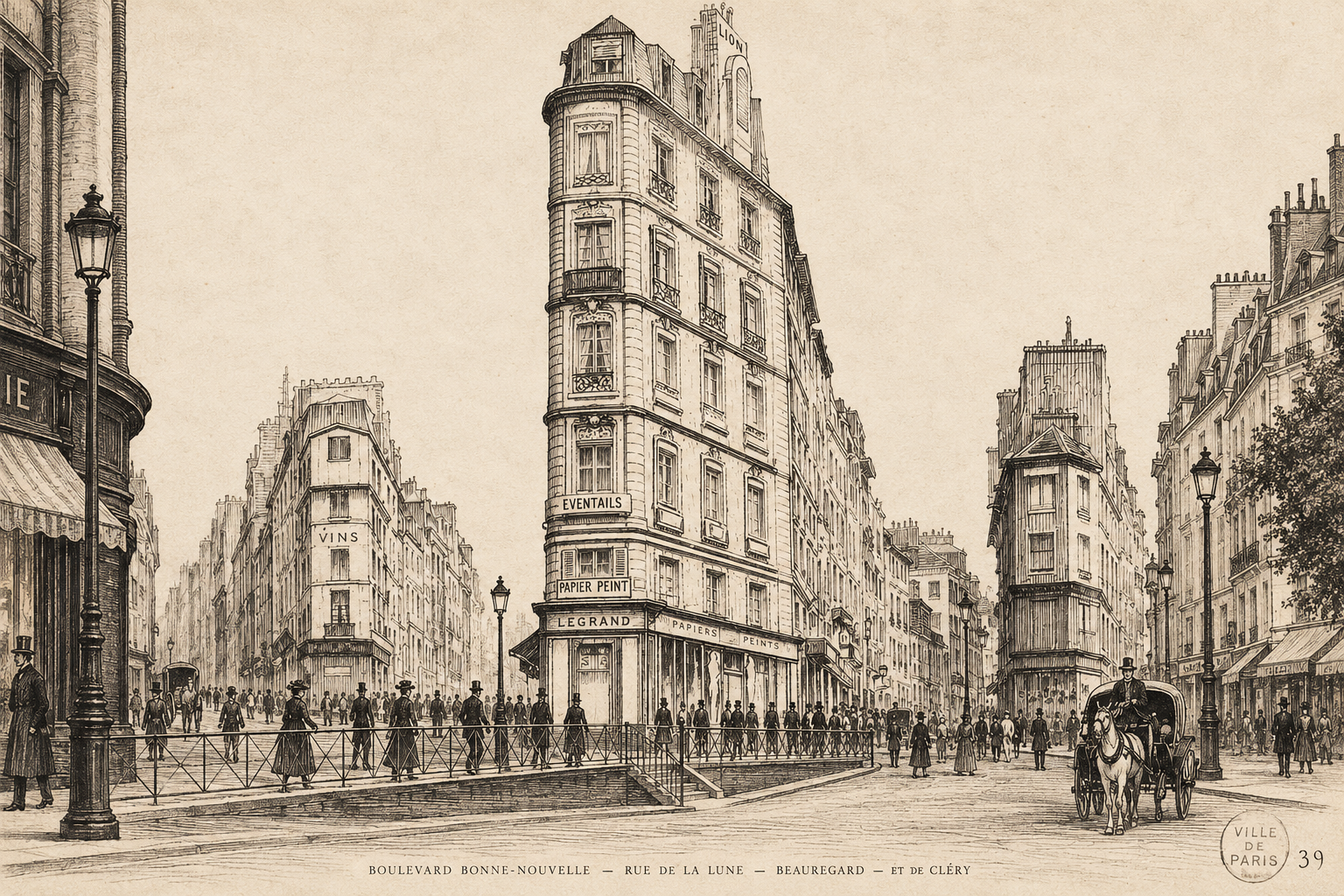 Historisk illustration af Rue de la Lune og Boulevard Bonne-Nouvelle